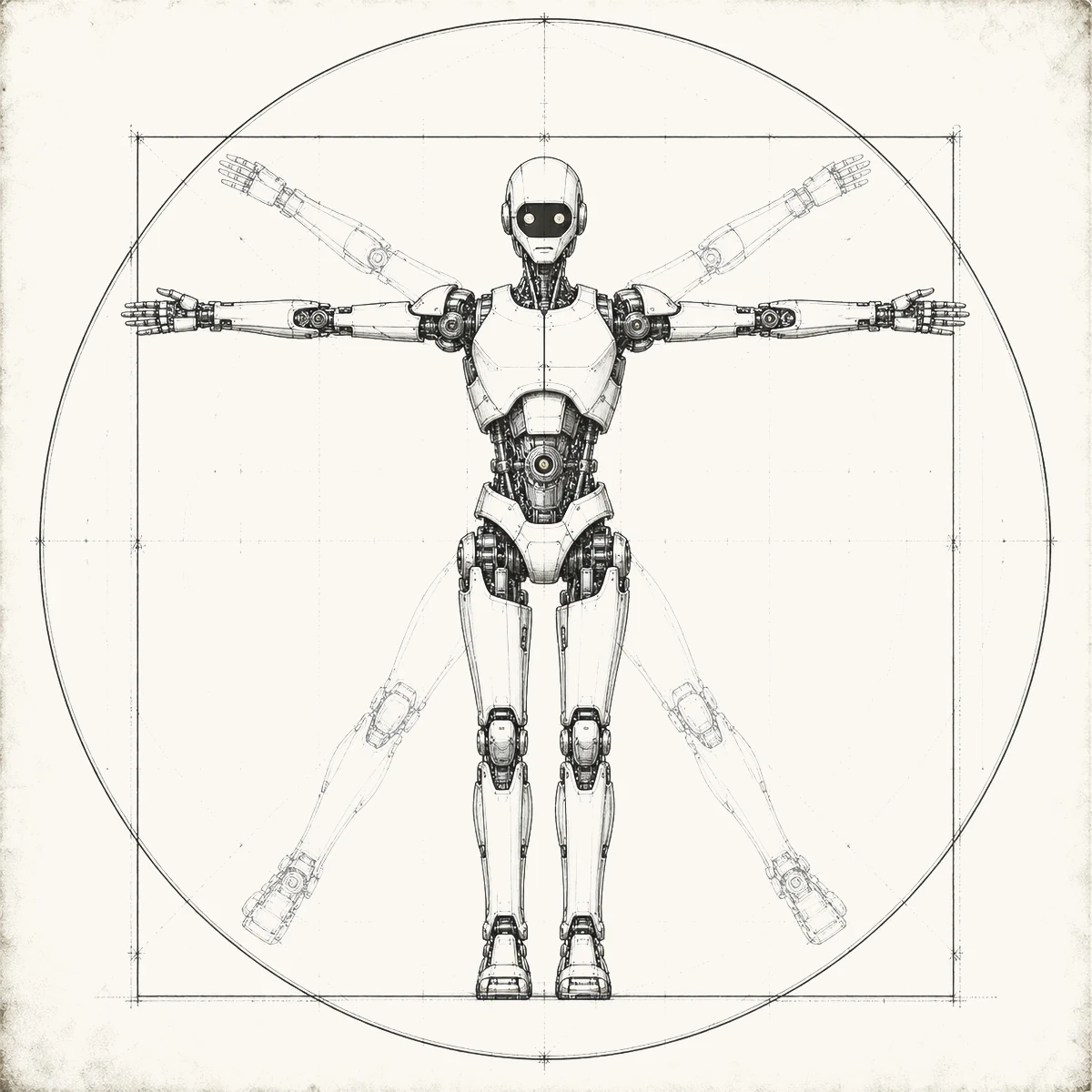 A Vitruvian-style study of an articulated humanoid robot inscribed in a circle and a square, in two superimposed poses, with segmented limbs, actuator joints, five-finger hands and an amber core at the centre.