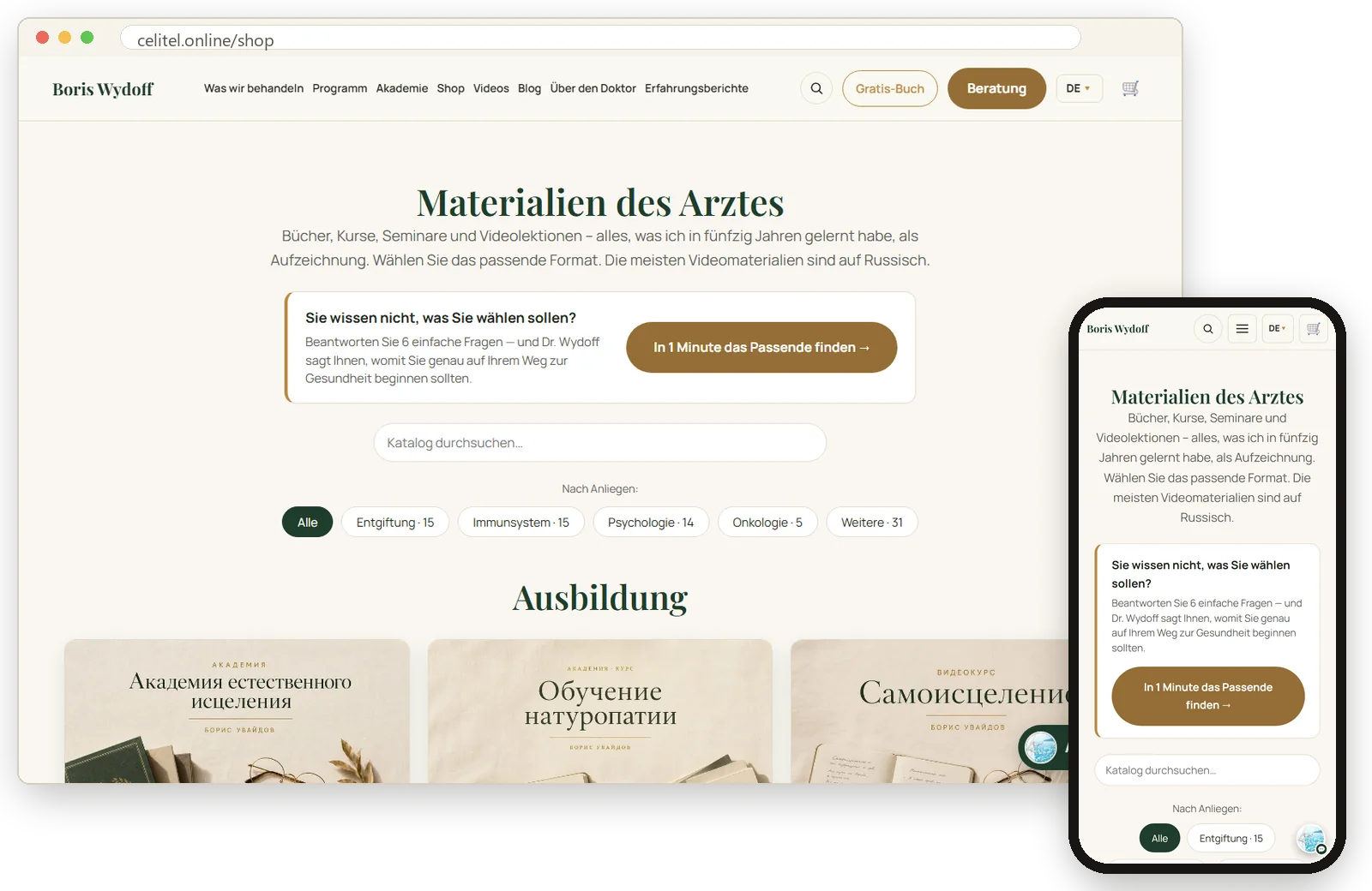 Der Shop auf der Website eines Arztes: celitel.online/shop