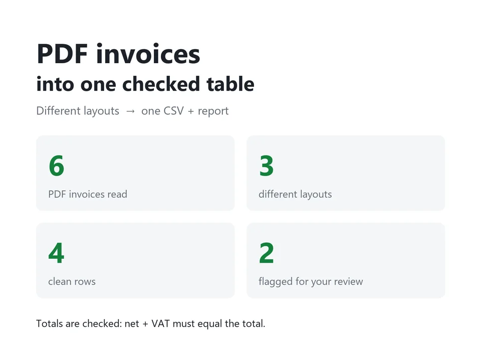 PDF demo: 6 invoices read, 3 layouts, 4 clean rows, 2 flagged for review