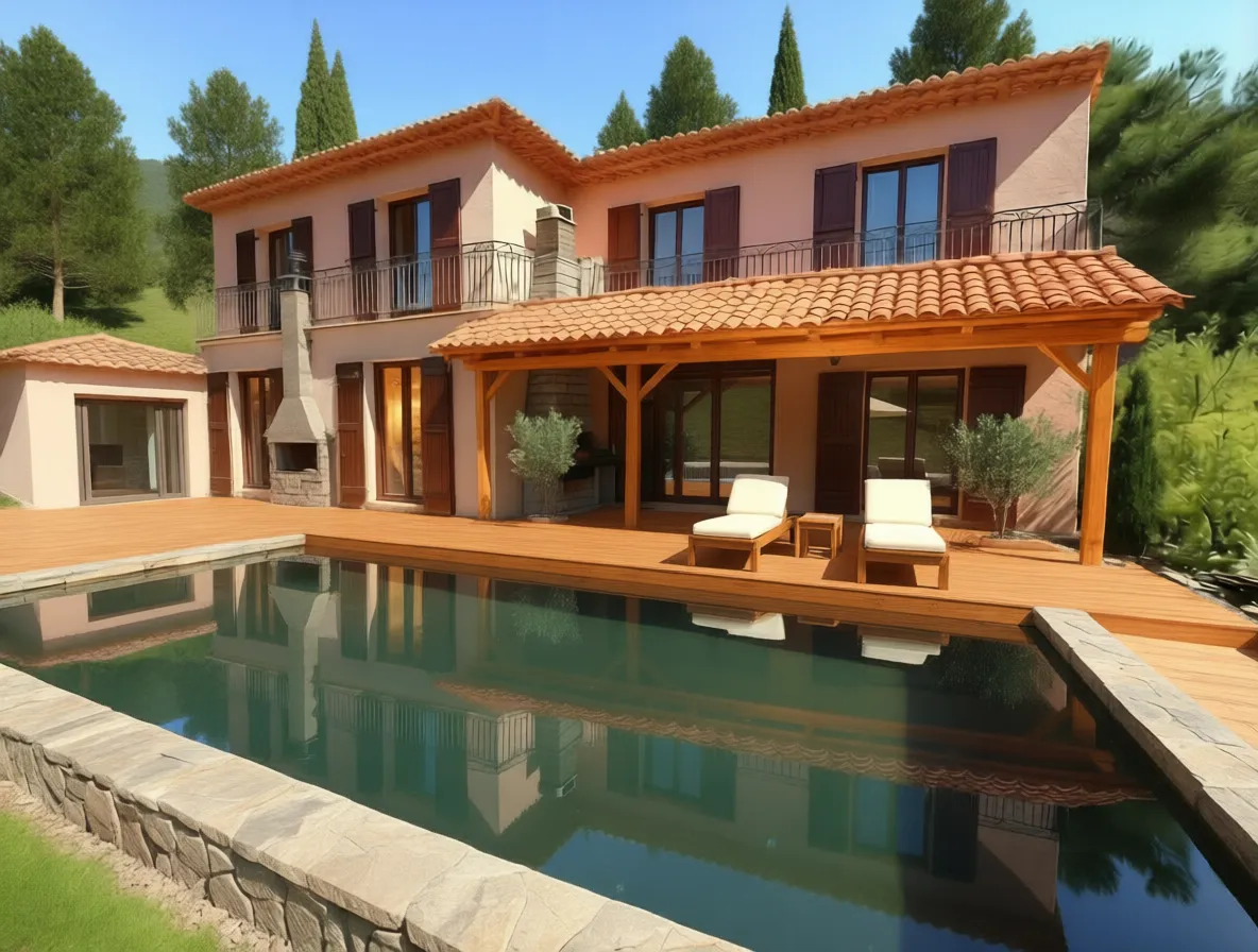 Hardwood deck and loungers at poolside