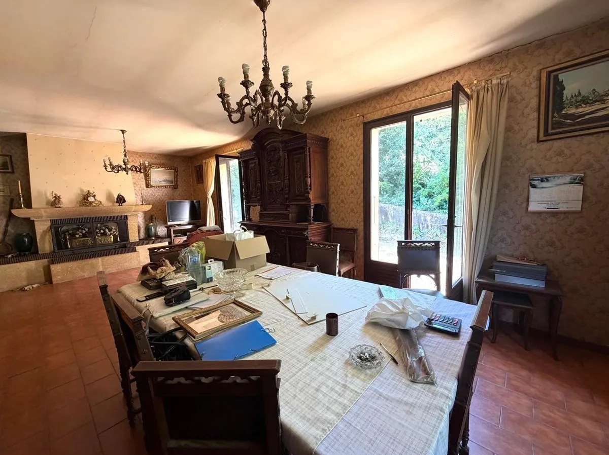 Salon-dining with stone fireplace