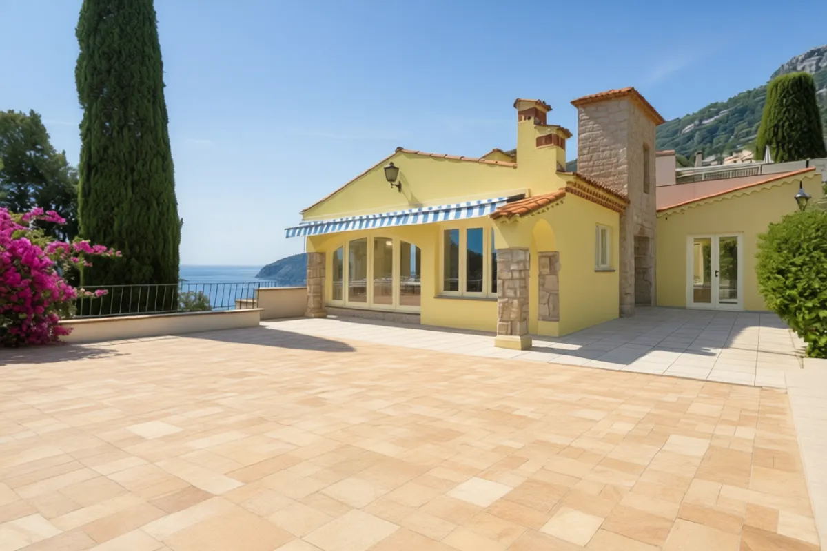 Forecourt paved with natural stone — one continuous level, no steps or dividers