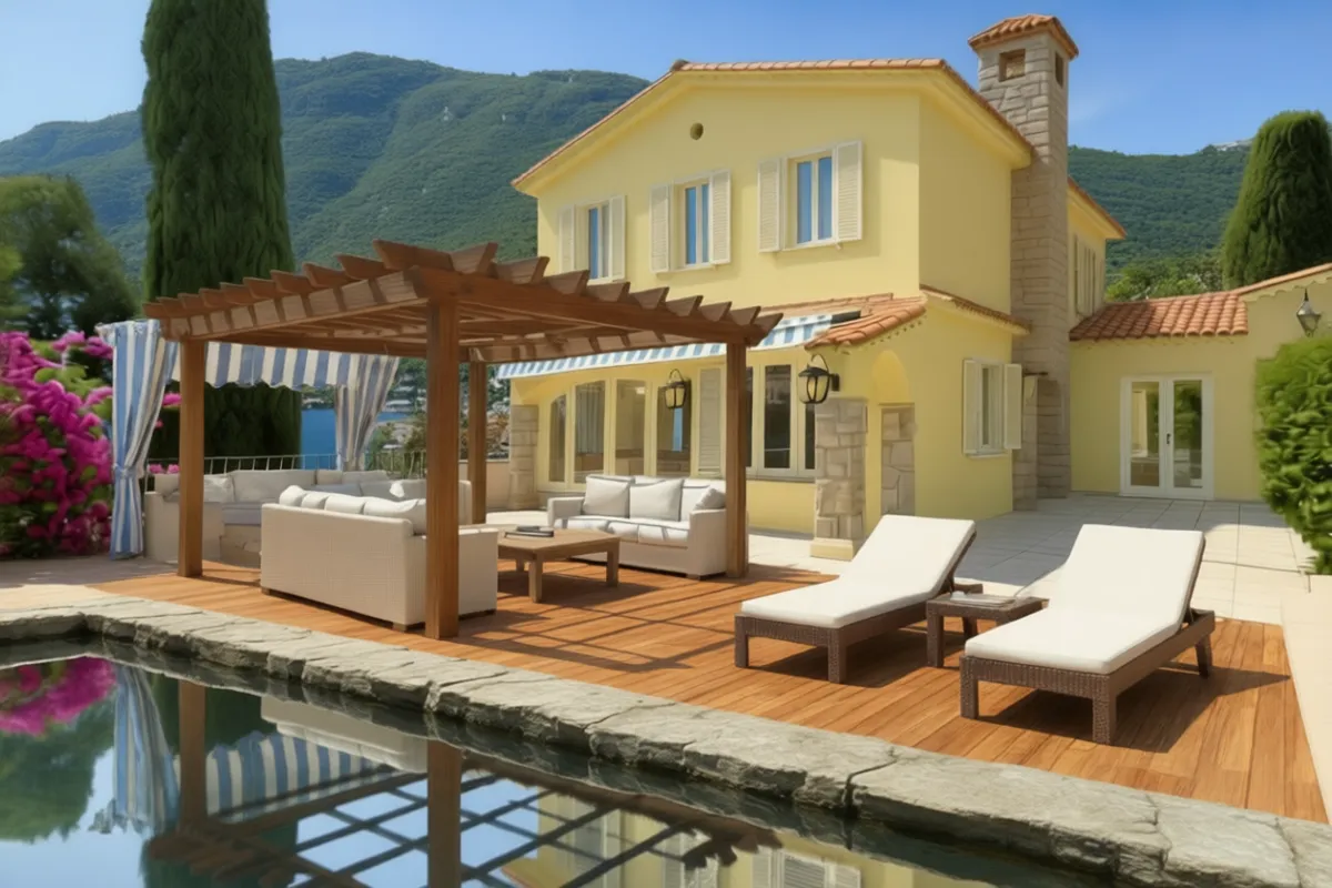 Hardwood deck band beside the pool with two elegant loungers (daytime)