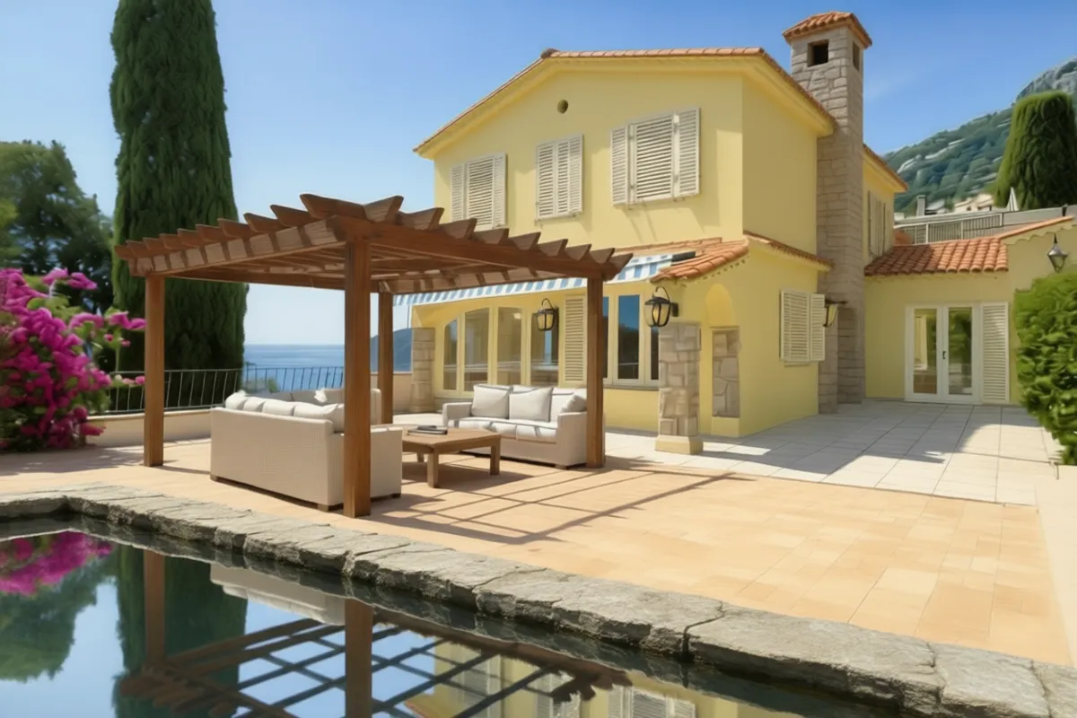 Natural-stone mirror pool flush with the terrace paving, architectural cut (daytime)