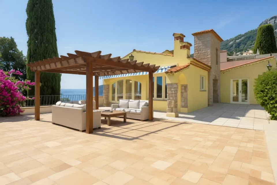 The terrace staged for sale — visualised on the real photo